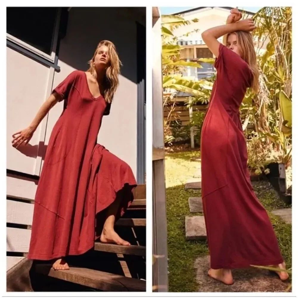 Free Peolpe Beach Meadow tee maxi dress in wild Garnet XS with pockets